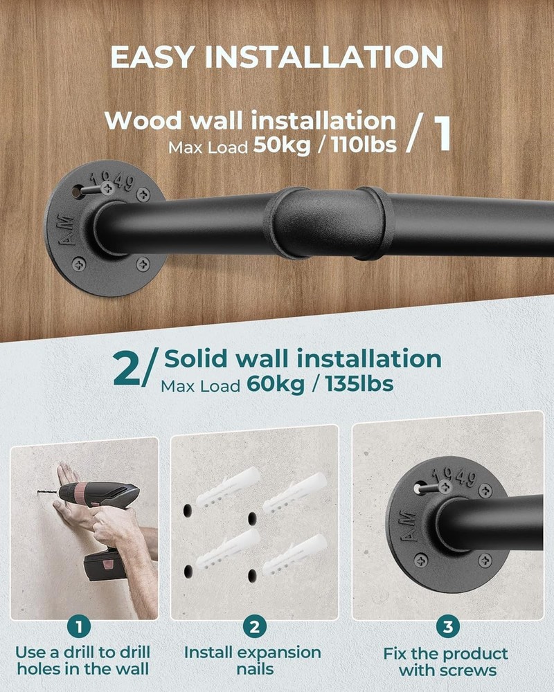 Industrial Pipe Clothing Rack 38.4" - Heavy Duty Wall-Mounted Storage Solution
