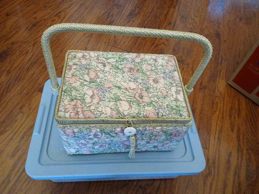 Vintage Fabric Covered Sewing Box with Handle