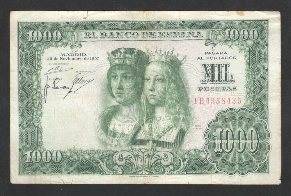 1957 Spain 1000 Pesetas Note.