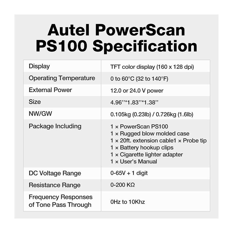 Autel PowerScan PS100 Diagnostic Tool Electrical System 12/24V Circuit Test Lead