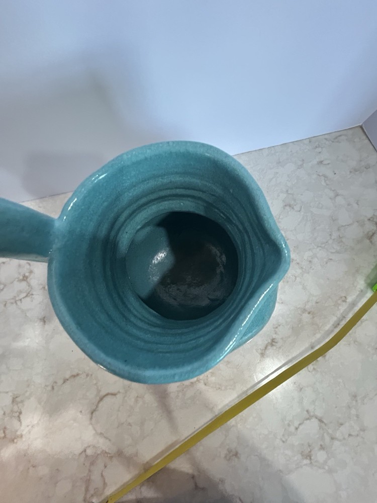 Art Studio 9”H Blue Pitcher Unique Handle Mexico