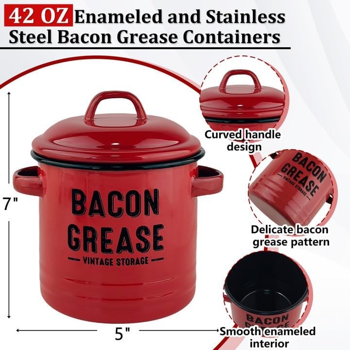 Bacon Grease Container with Strainer - Large Red Kitchen Oil Storage Can - Red