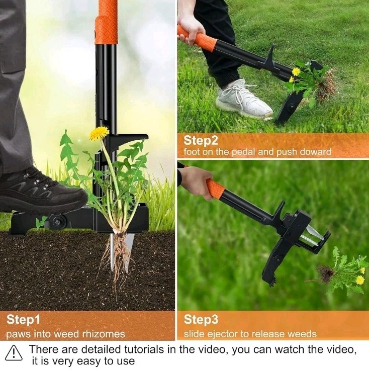 Weed Puller Tool Stand-Up - 40" Long Handle Picker with Leaf Bag, Orange