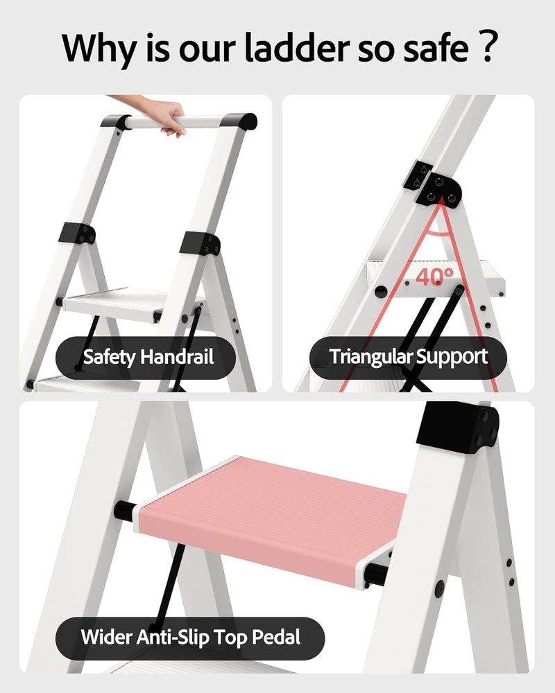 3 Step Ladder Lightweight Aluminum Step Stool W/ Convenient Handgrip Folding