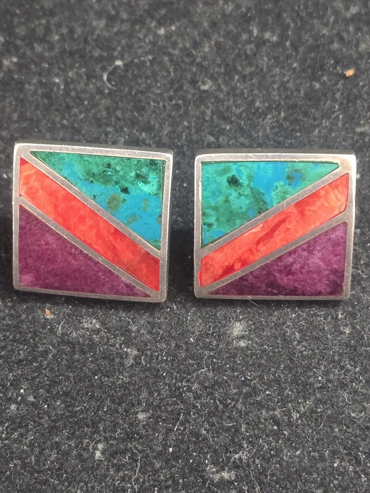 Vintage Sterling Silver Multi Stone Inlay Earrings
