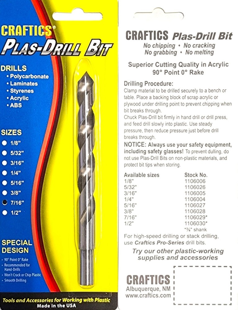 Craftics 7/16"  Drill Bit for Plastics
