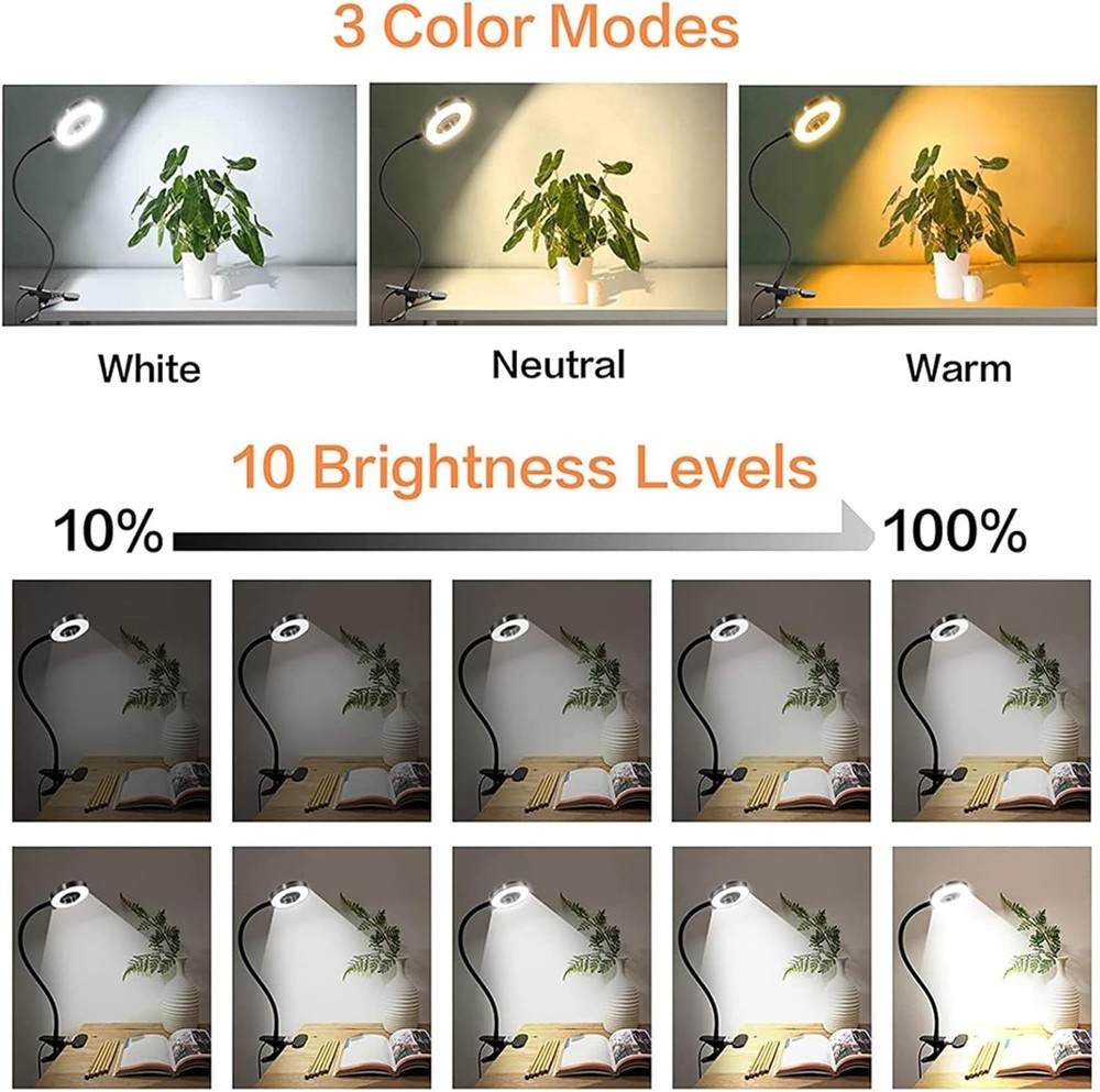 Clip on Light LED Reading Book Study Lamp 3 Color Modes 10 Brightness Eye Pro...