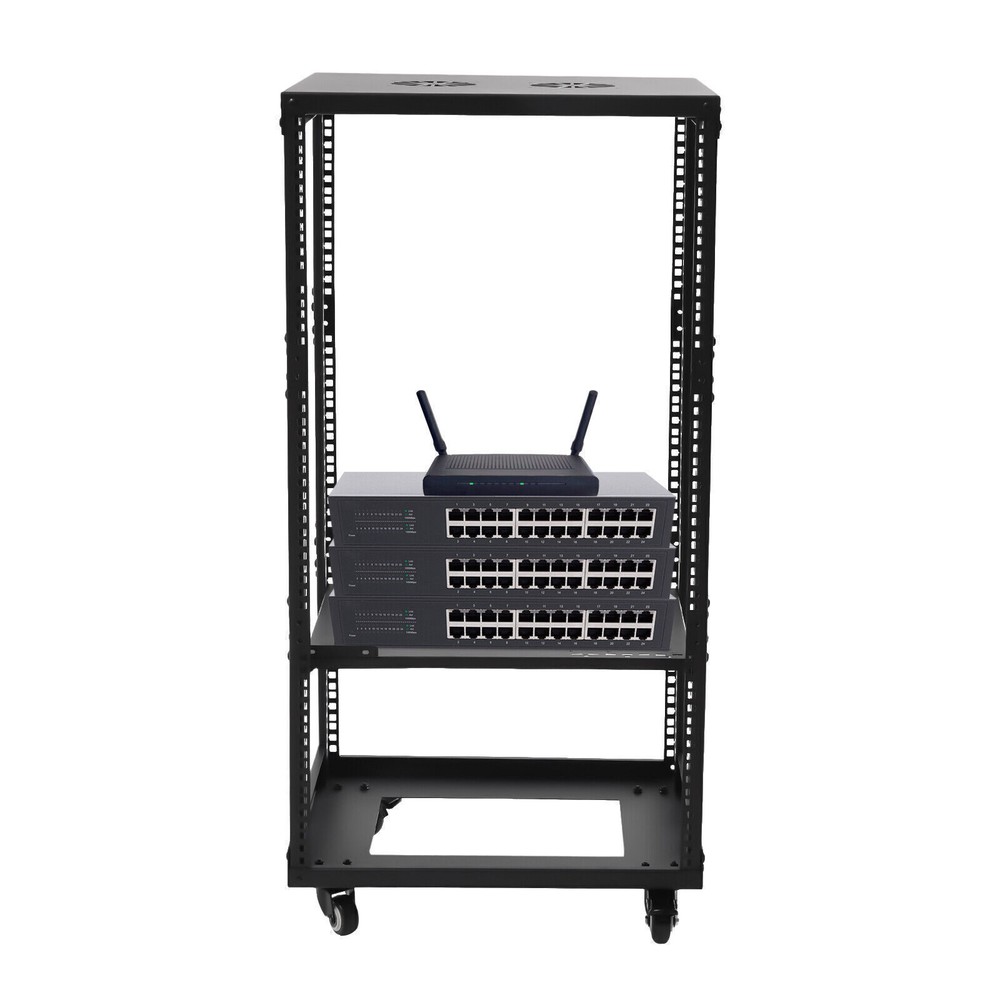 18U 4 Post Open Frame Network Server Rack Holder on Caters Adjustable 0-31.5"