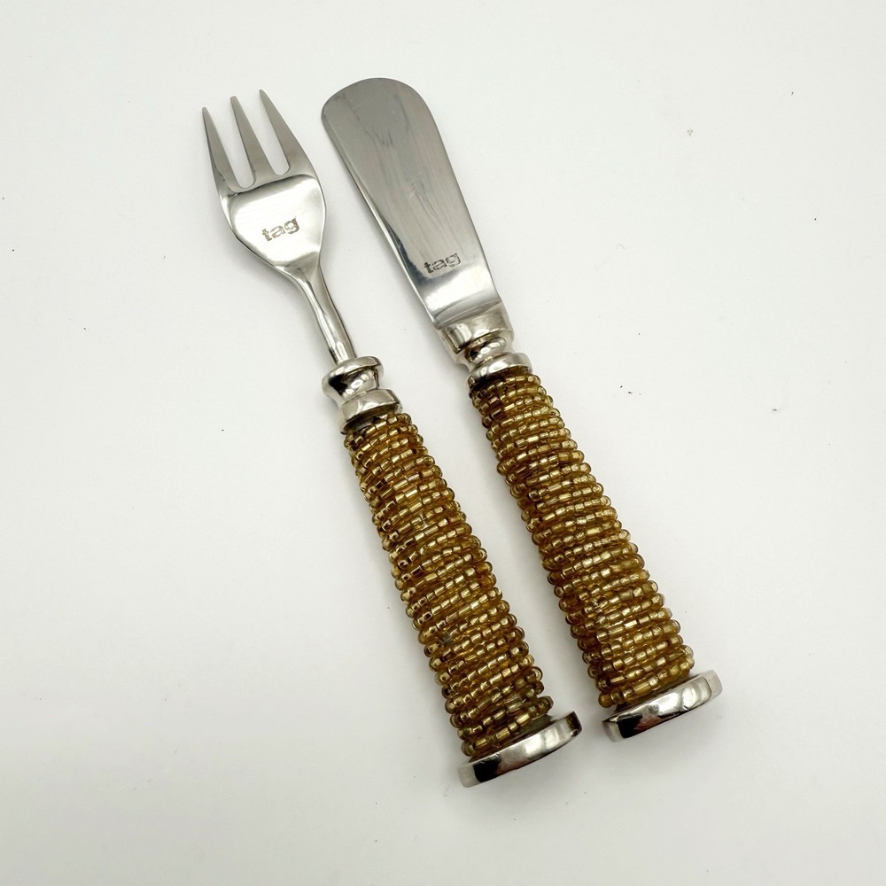 Tag Gold Beaded Spreader Fork Set of 2 Appetizer 6” Silver Tone