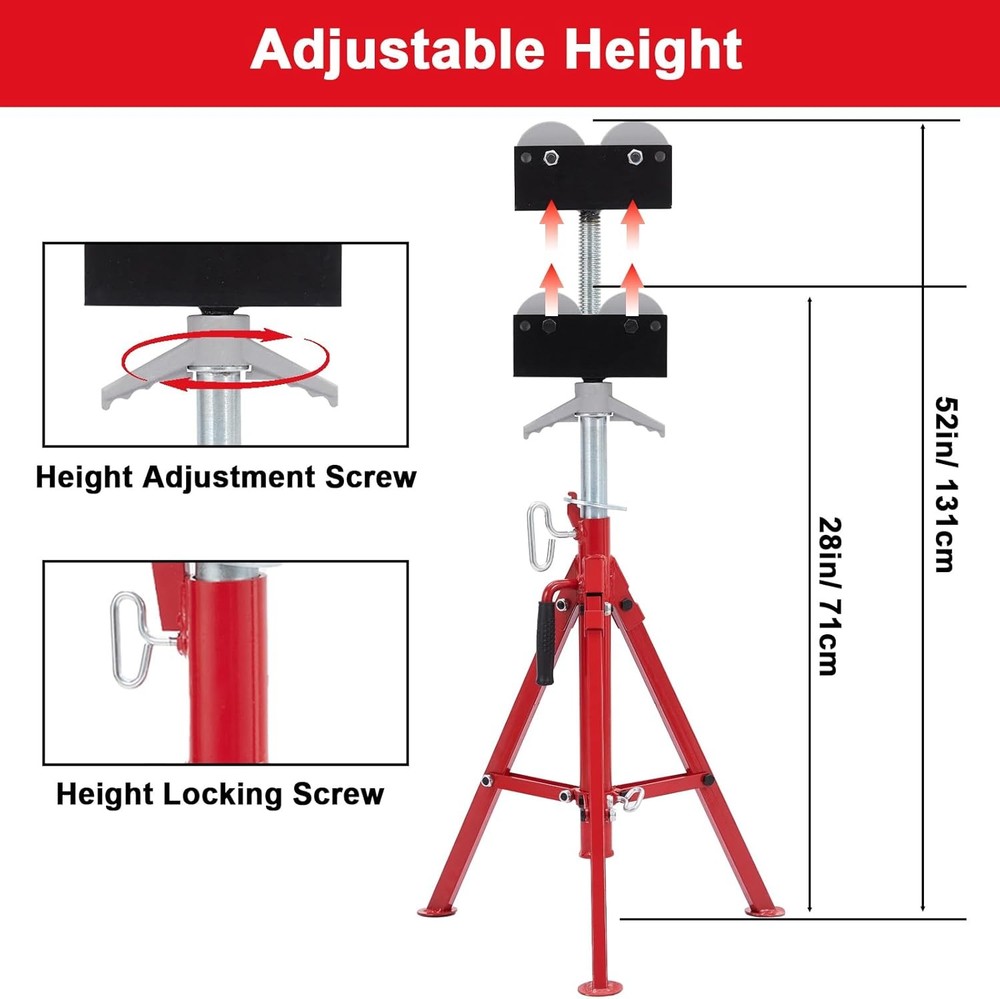 Roller Head Pipe Stand Foldable Jack Stand 28"-52" Height 12 in Load 2500 lbs