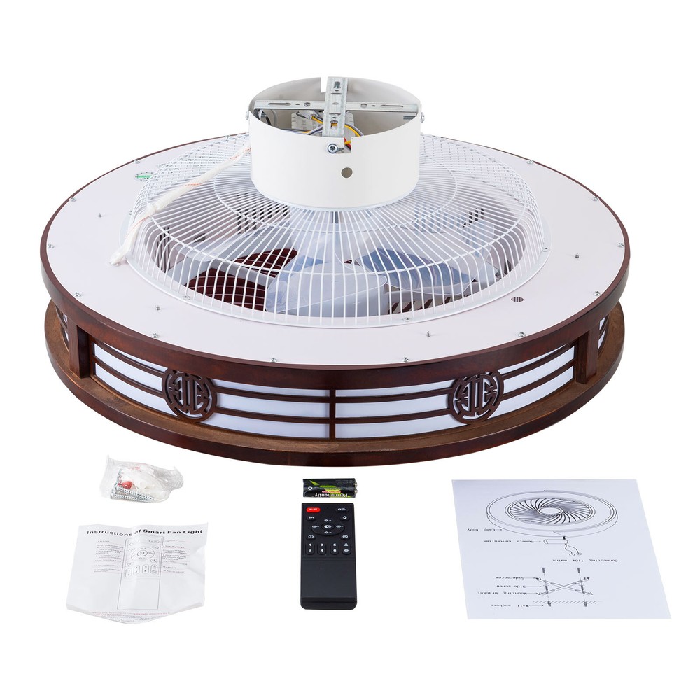 Caged Low Profile Ceiling Fan with Remote Control - Neo-Chinese Design