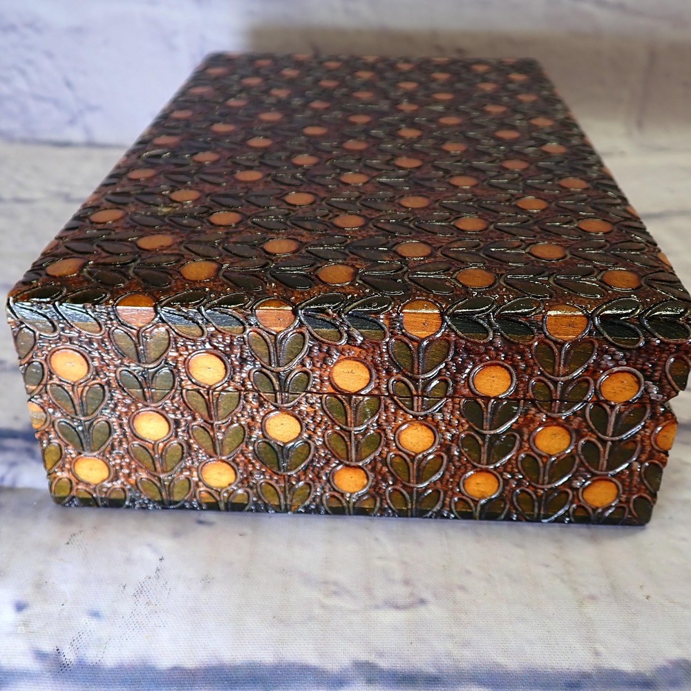 Cpt Ahab's Ltd Wood Keepsake Box Brown Leaf Pattern Rectangular Made In Poland
