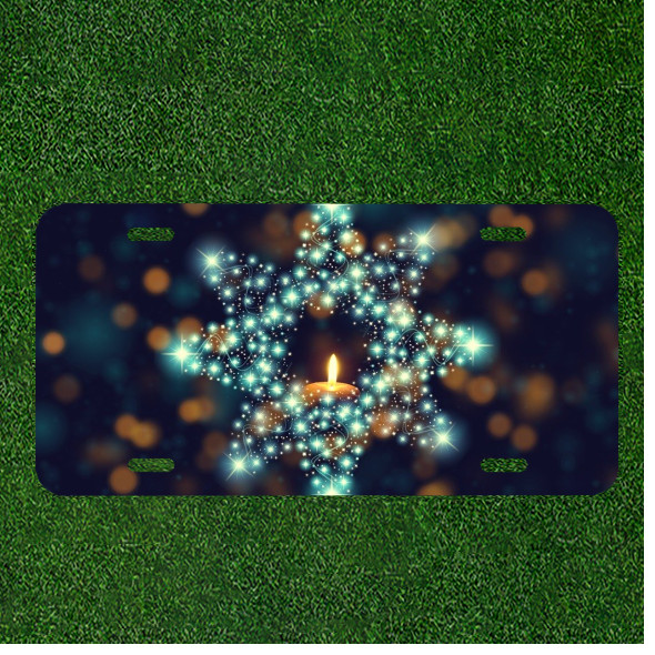 Custom Personalized License Plate Auto Tag With Lit Shiny Star Candle Design