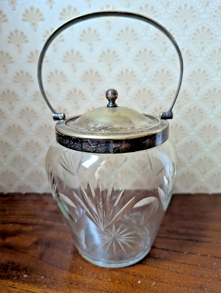 Antique Cut Glass Biscuit Jar Silverplate Lid & Handle