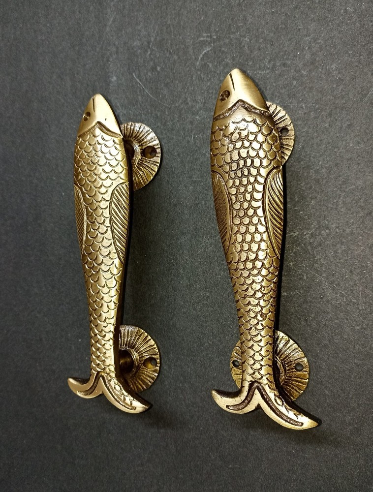 Lacquered Brass Sea Fish Cupboard Pull Office Interior Door Handle Pair AJ456
