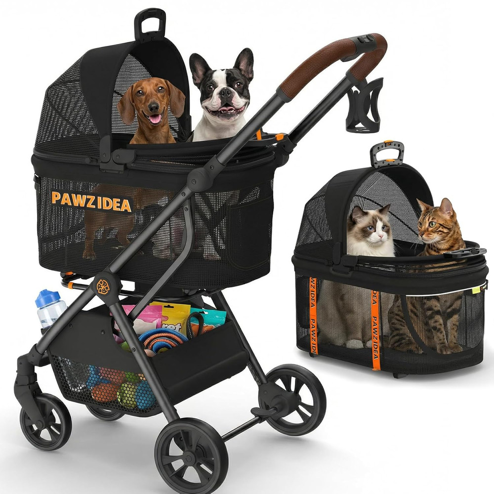 Pet Stroller 4 in 1, Foldable Cat Stroller with Detachable Carrier for Small Med