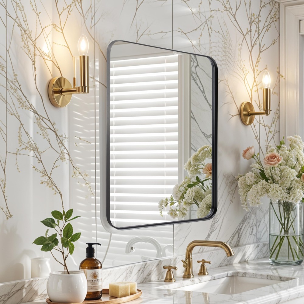 22" x 30" Bathroom Mirrors Black Metal Framed Bedroom Mirror Rounded Rectangle
