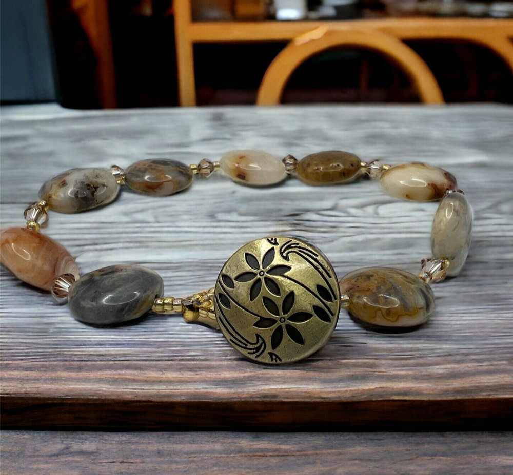 Handmade semi-precious multi-colored agate bracelet with button closure