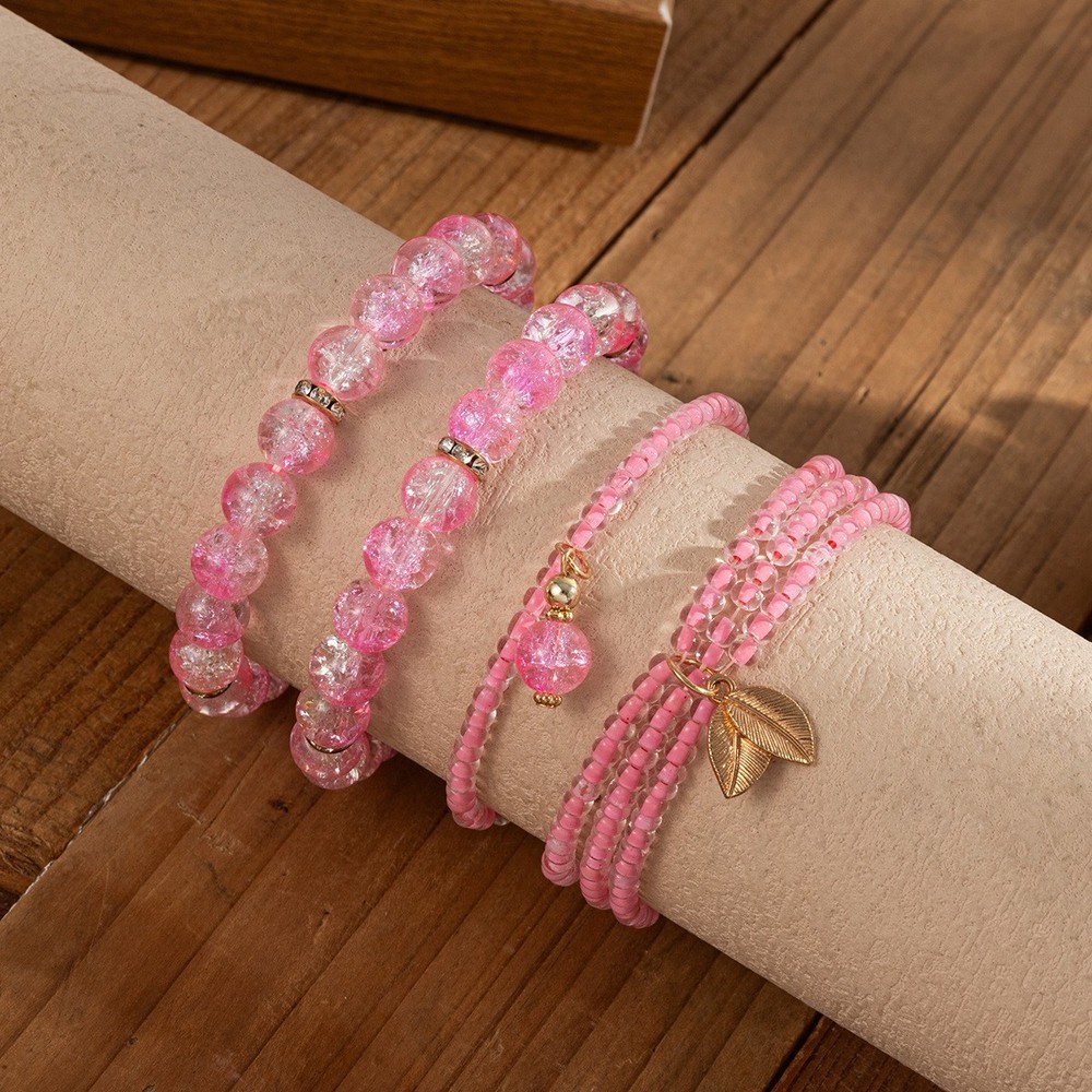 Boho Leaf Charm Bracelet Multi Layer Stackable Seed Bead Pink Stone Jewelry Wome