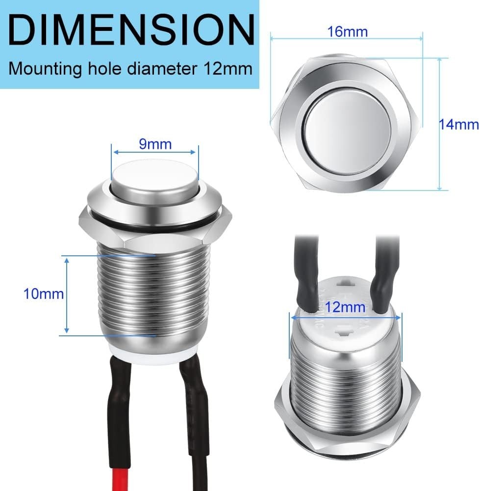 3 Pcs Latching Waterproof Push Button Switch, 12mm & Self-Locking Switches