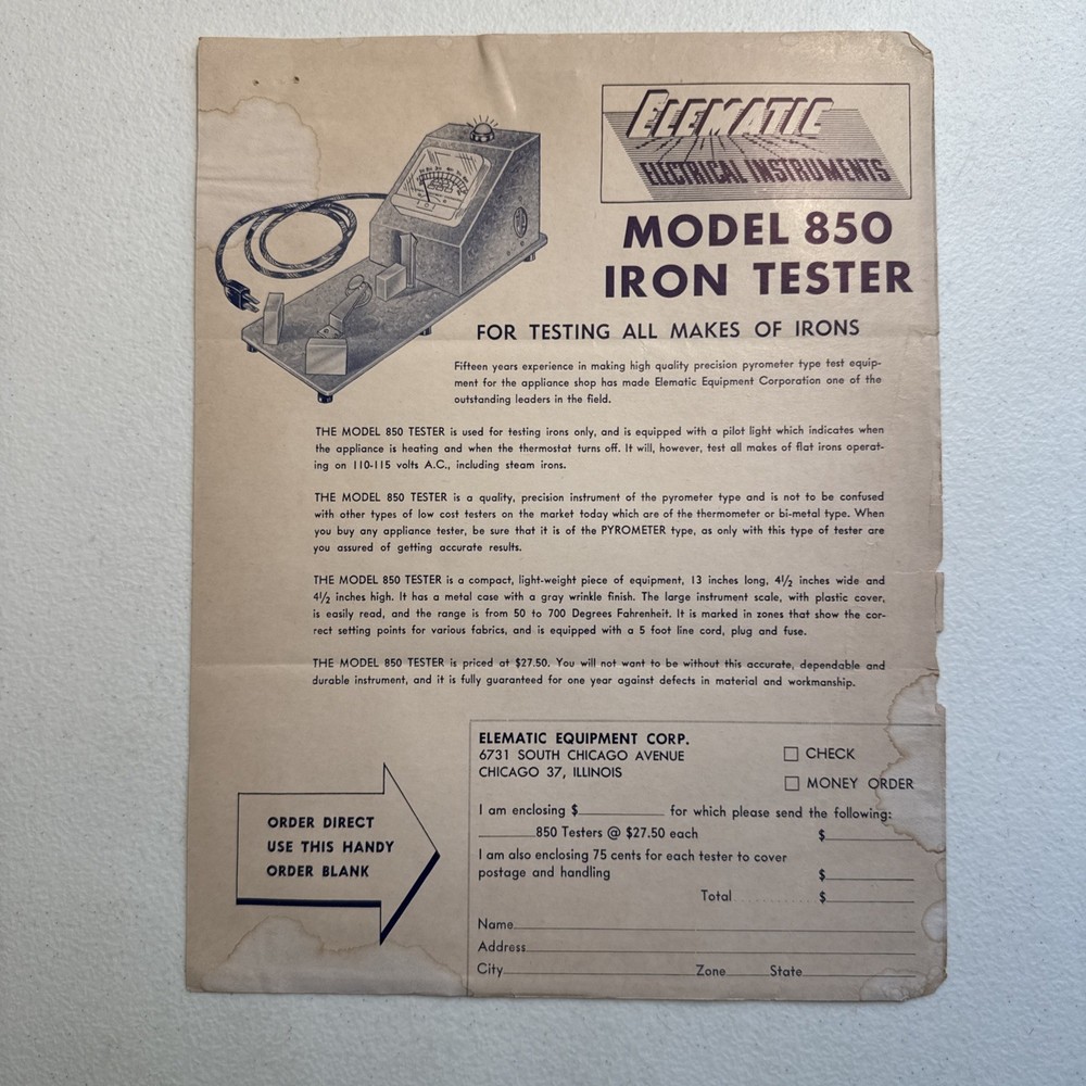 Elematic Equipment Corp. Iron Tester Model 850 Sales Brochure
