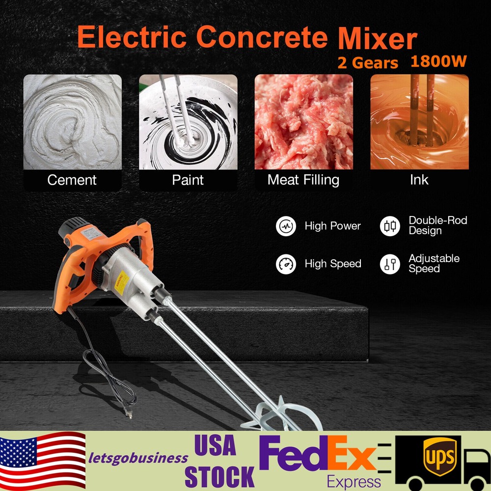 1800W Handheld Electric Concrete Cement Mixer with Two Rods Double Paddle