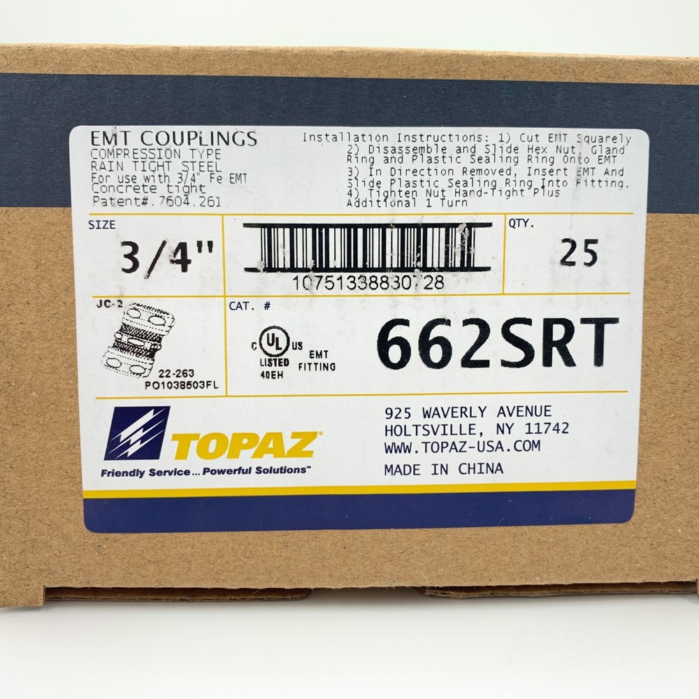 25 Pack Topaz 662SRT 3/4" Compression EMT Coupling Rain Tight Steel