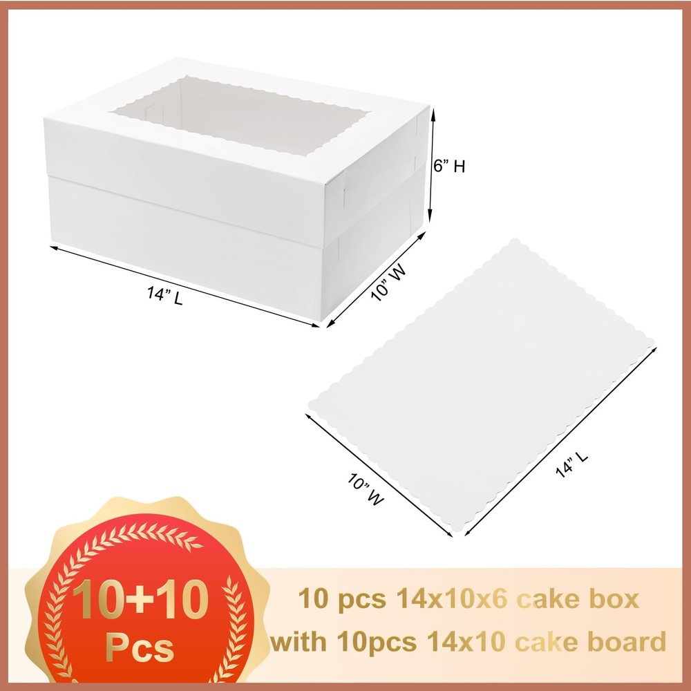 10pcs 14x10x6 Quarter Sheet Cake Boxes with 10 Boards - Rectangle Bakery Window