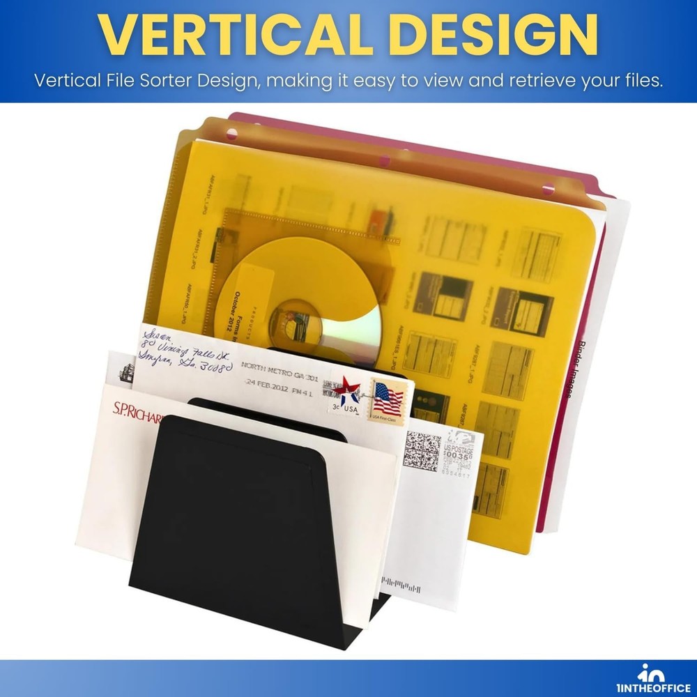 Desktop File Organizer Black Plastic 7 Compartments Vertical Desk Sorter