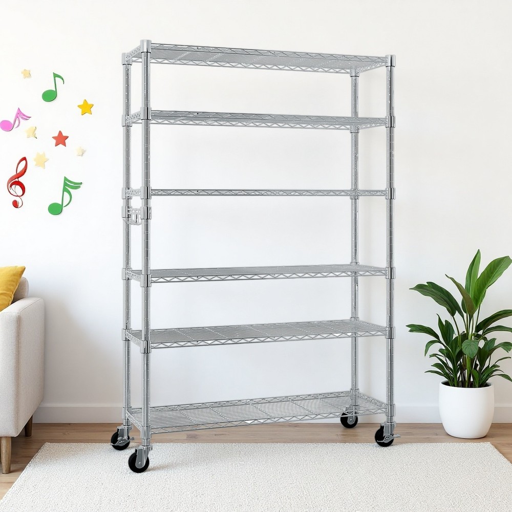 6-Tier Rolling Wire Shelving Unit - Heavy Duty, Adjustable, Hooks & Silver