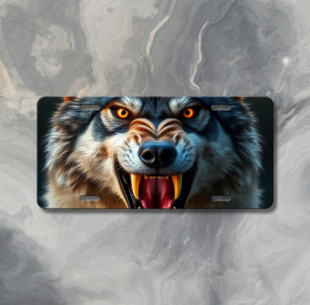 Intense Wolf License Plate with Sharp Teeth Personalized Front Plate Birthday Gi