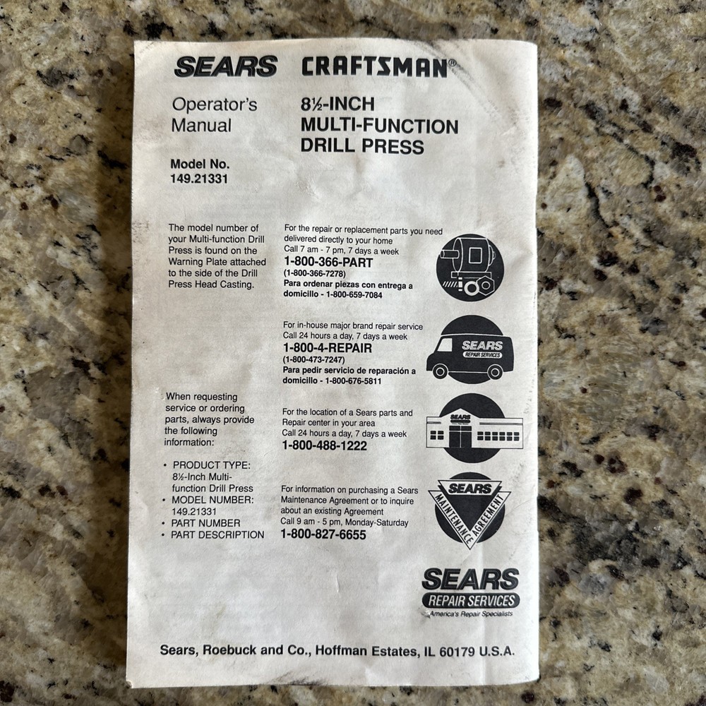 Craftsman 8 1/2” Multi-Function Drill Press Model 149.21331 MANUAL DOWNLOAD ONLY