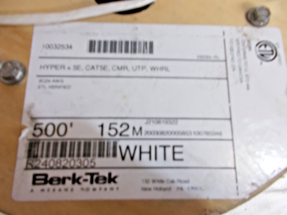 500 ft spool of Berk-Tek Category 5e cable-- white
