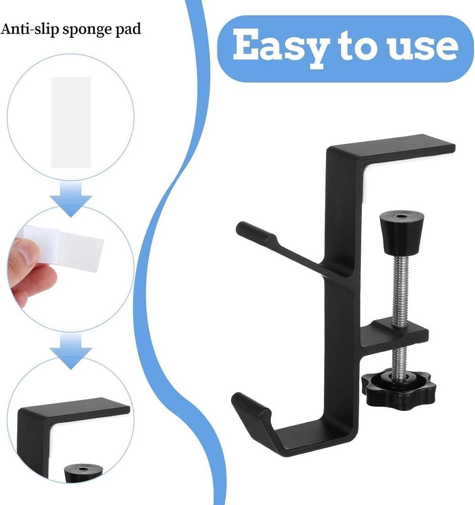 2Pcs Clamp-On Under Desk Headphone Holder Backpack Hook Students' Black