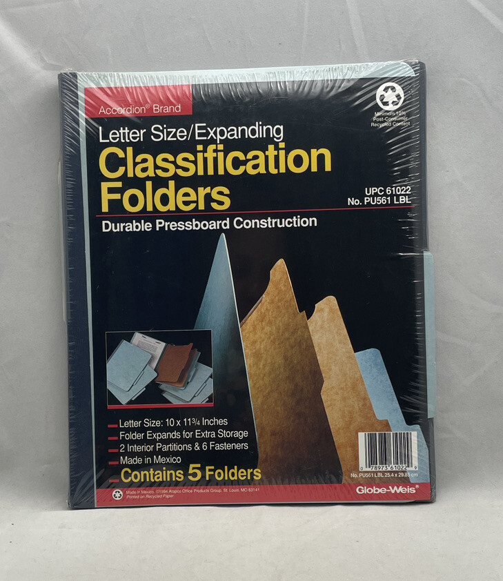Globe Weis Durable Pressboard Classification Blue Folders 5-Pack Sealed 61022
