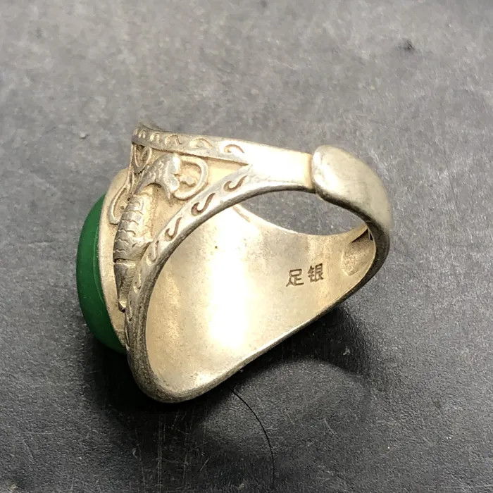 1Pc Collected Tibetan Silver Double Fish Green Jade Bead Ring