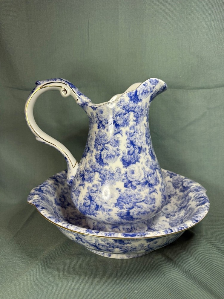 Handmade Pitcher & Basin Blue Transfer Gold Gilt Roses