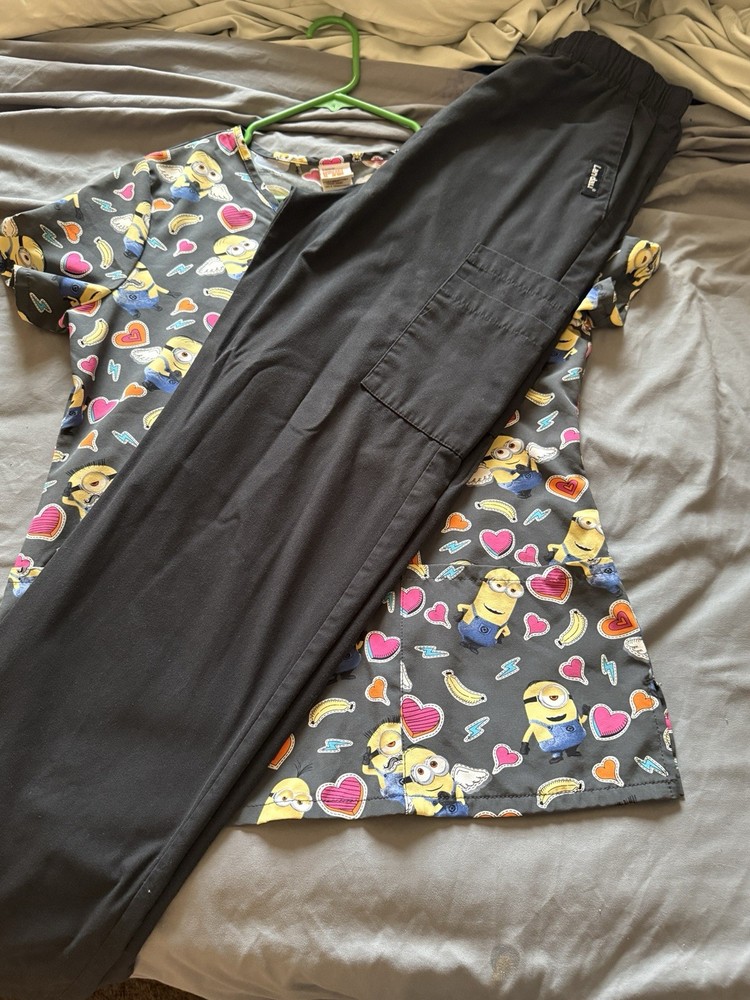 Cherokee Minions Patterned Women's Scrub Top & Black Pants Set