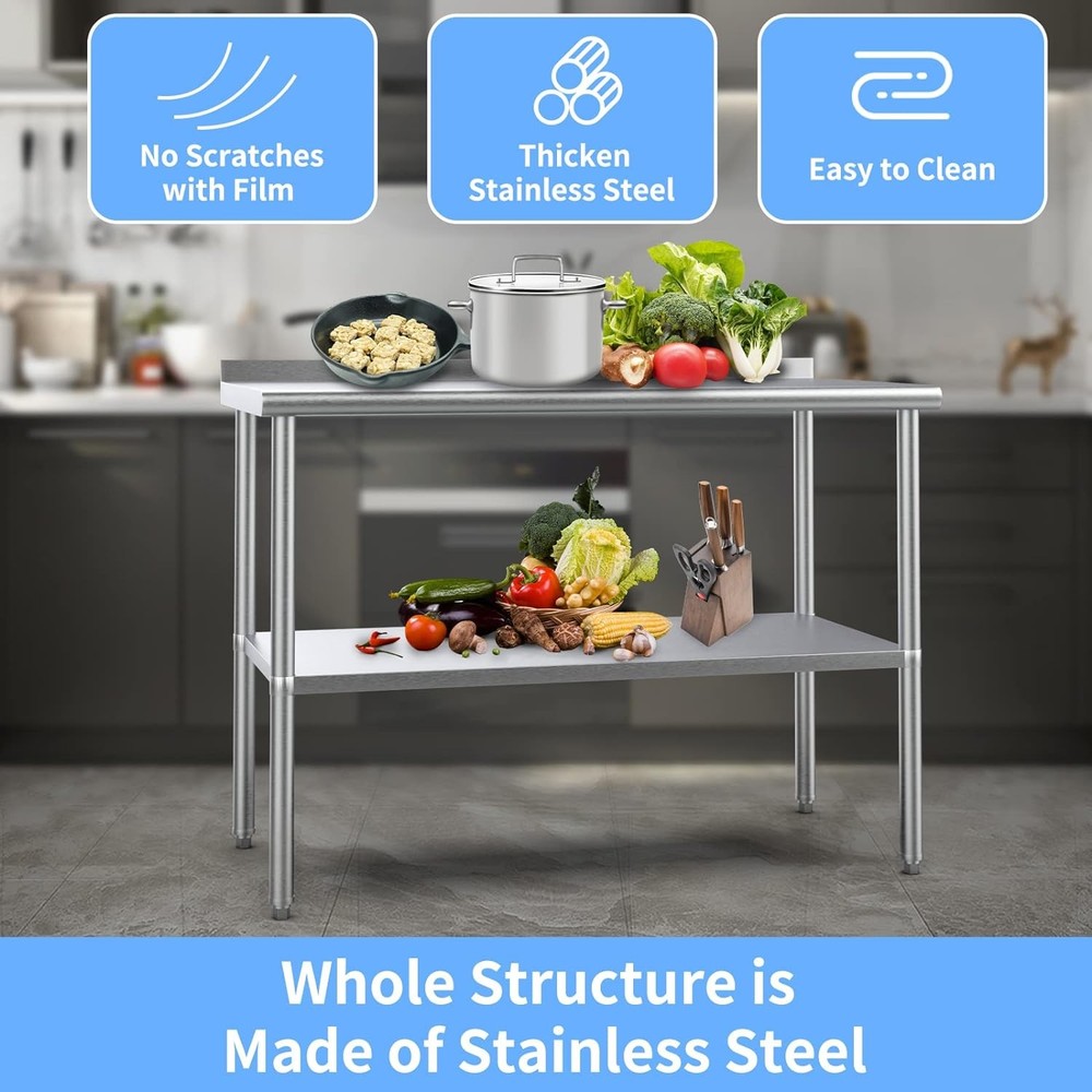 60'' x 24'' Stainless Steel Table for Prep & Work with Adjustable UnderShelf