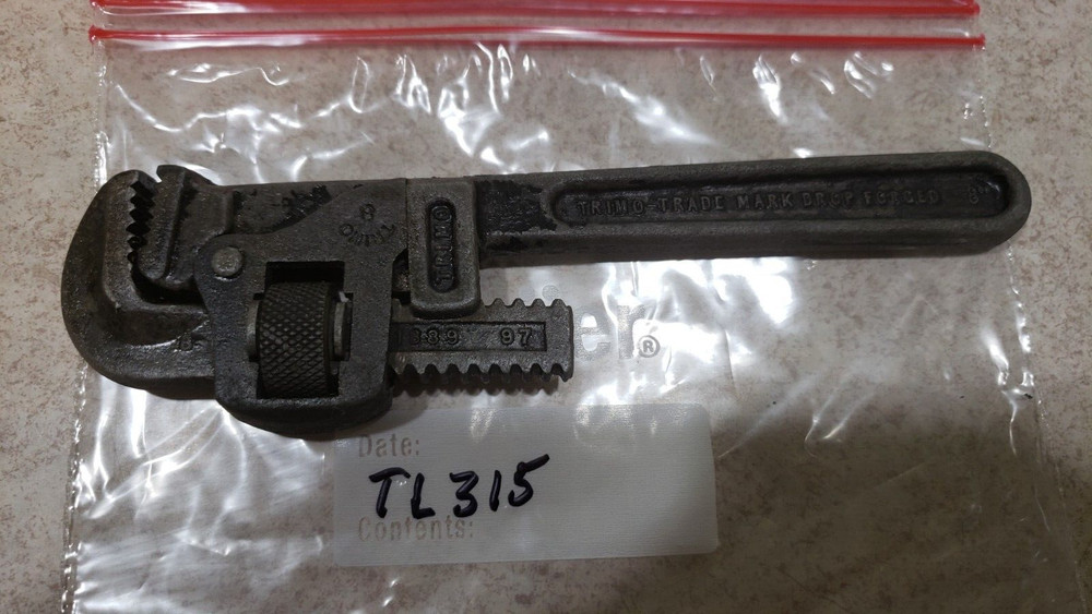 VINTAGE 8" TRIMO ADJUSTABLE PIPE WRENCH MADE IN USA (TL315)