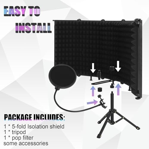 Adjustable Microphone Isolation Shield - Portable Reflection Filter with Tripod