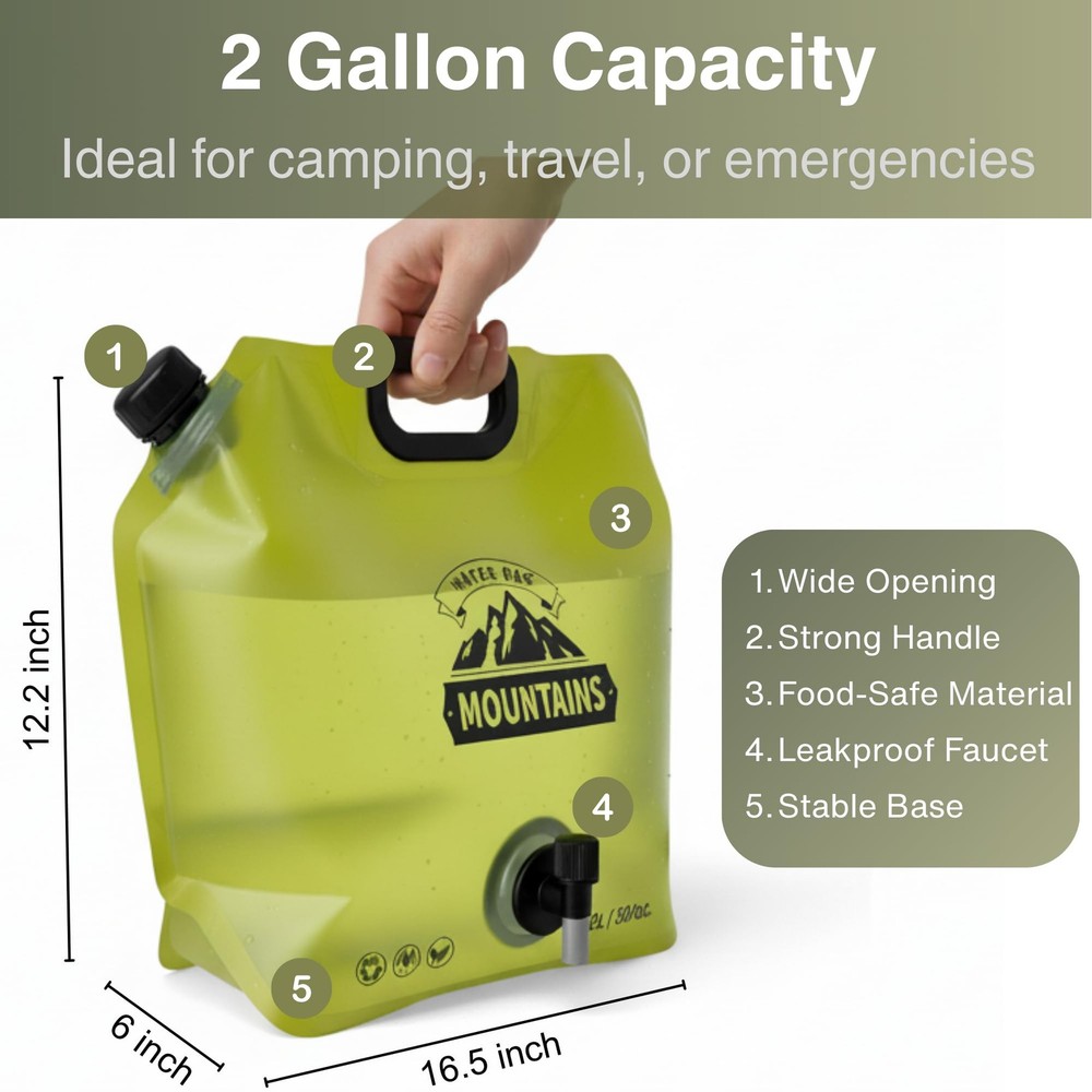 CoreMuse Camping Water Container 2 Gallon 270.5 Ounces, 2 Pack Green