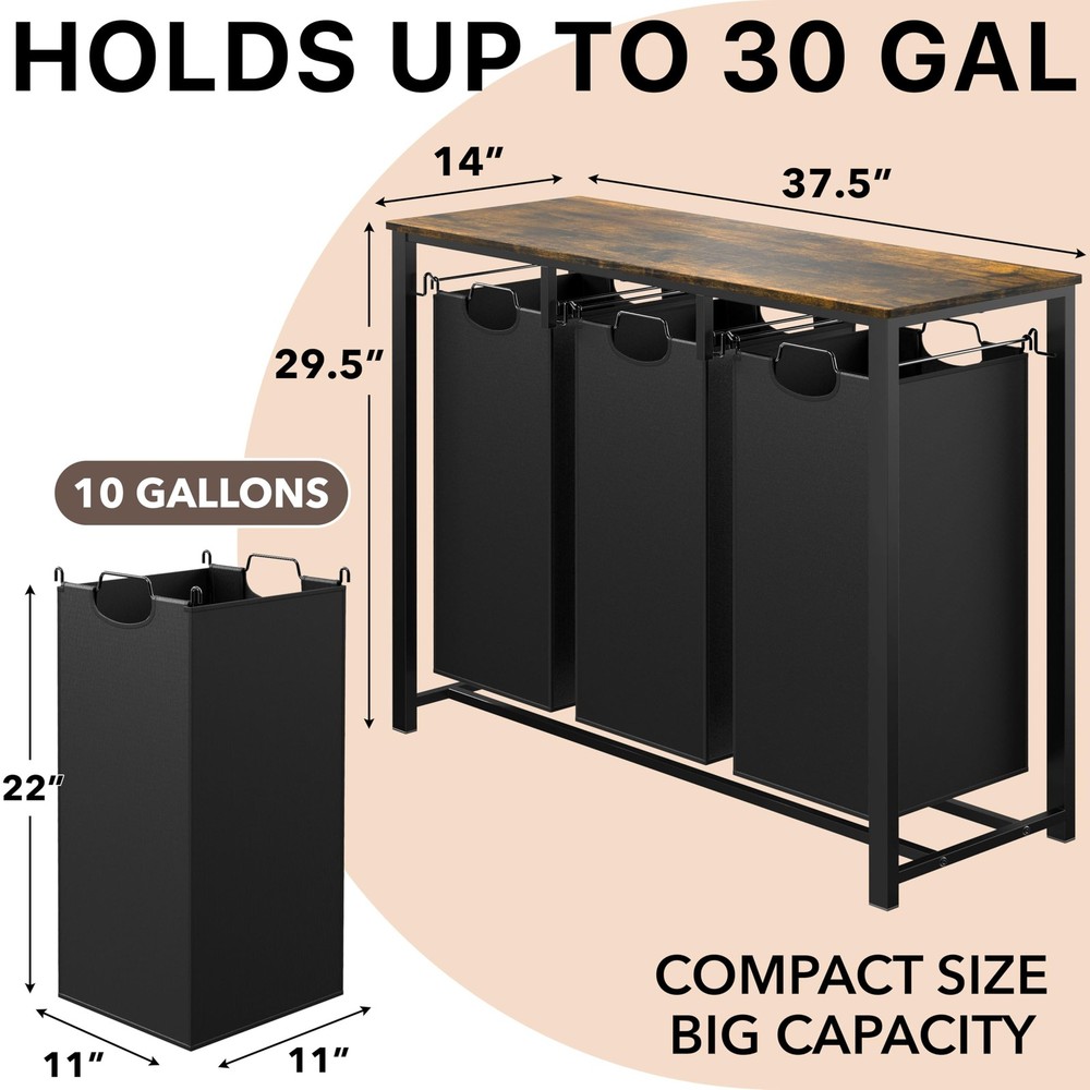 Organize Laundry Fast - 3 Section Sorter with Pull Out Hampers