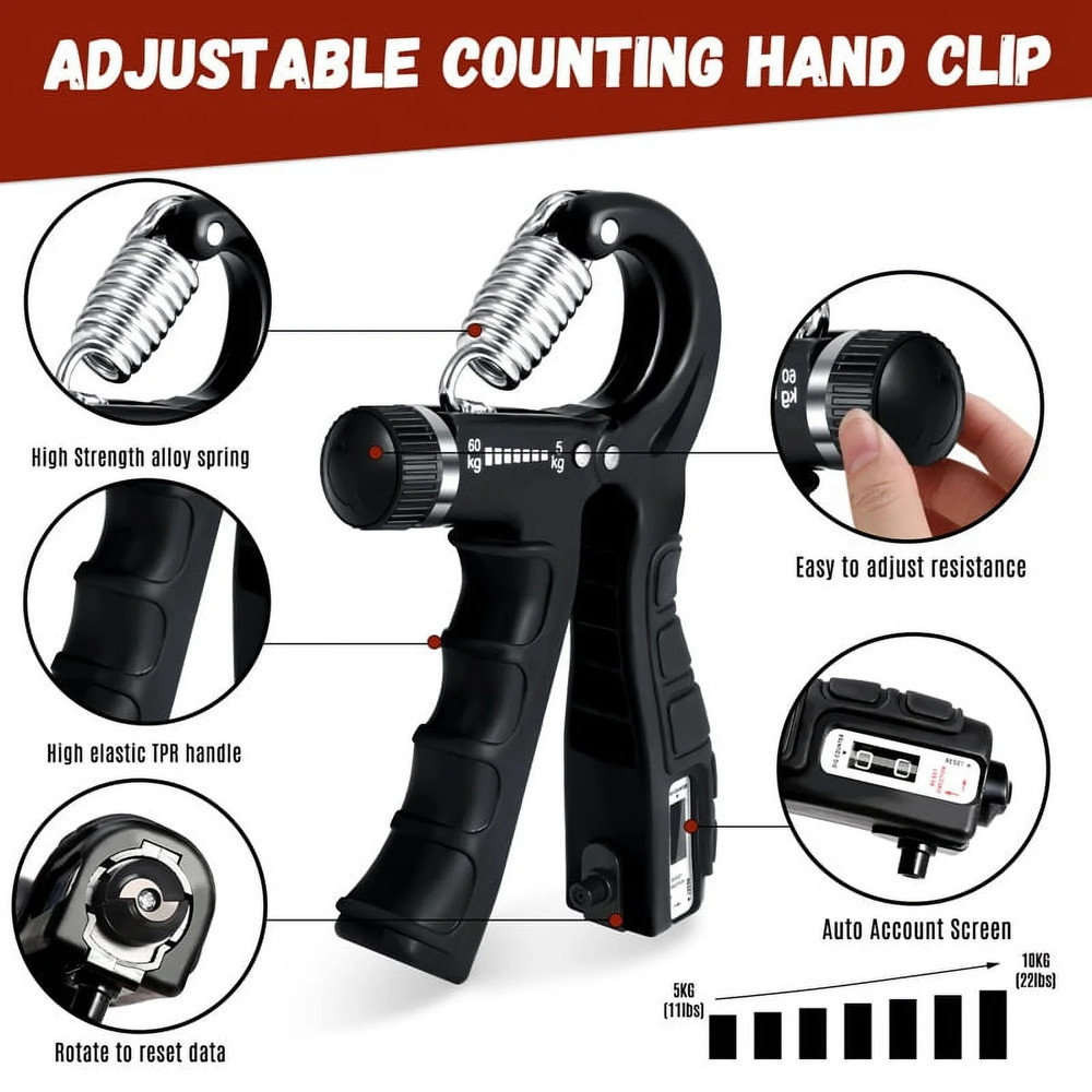 Grip Strength Trainer 6 Pack Adjustable 10-132lb Hand Gripper Counter