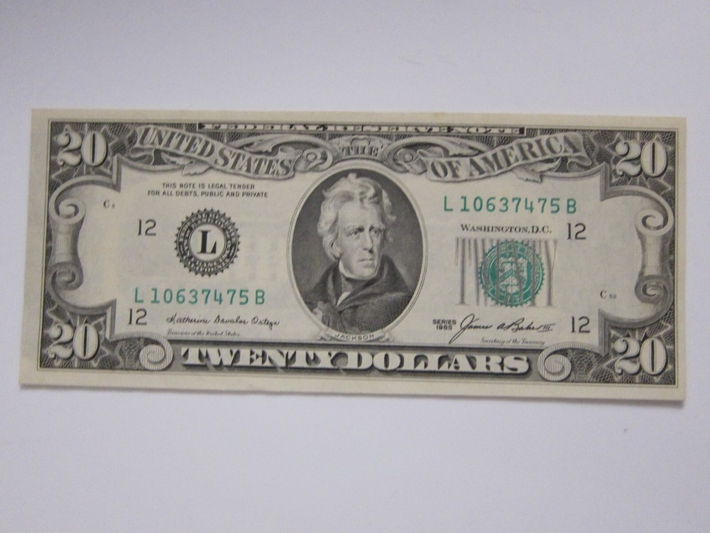 1985 $20 Printing Error on Back #L02465259G
