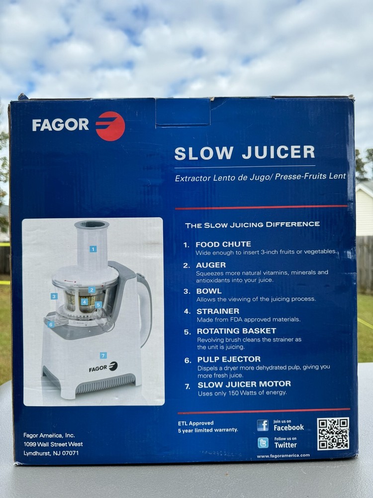 Fagor Slow Masticating Juicer Model 670041650 - Vegetable & Fruit Cold Press