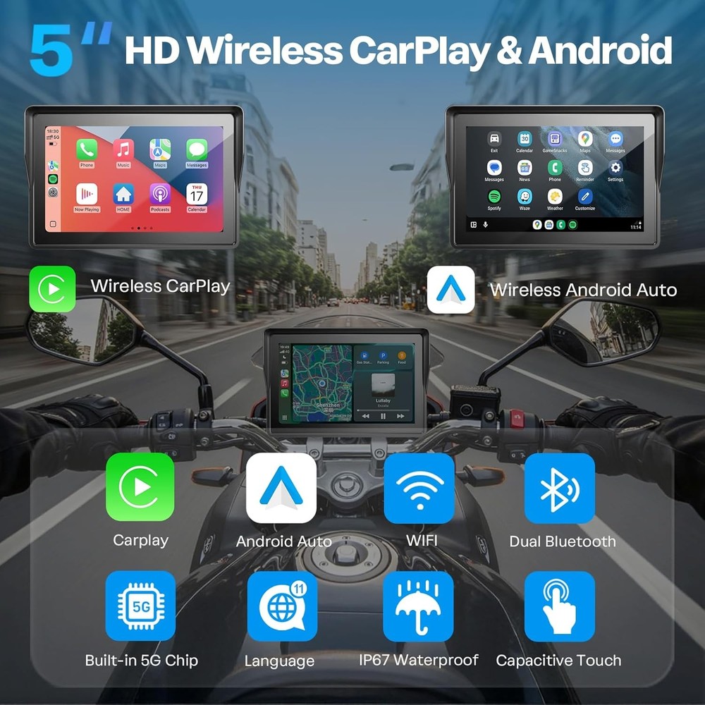 5" Dual Bluetooth Wireless Motorcycle GPS Navigation Device CarPlay/Android Auto