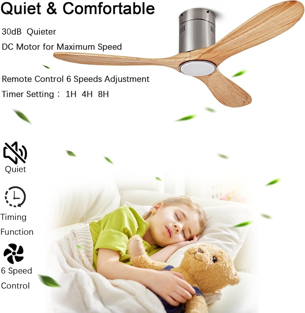 52” Ceiling Fan with Light with 6 Speed Remote/APP Control, Solid Wood Fan