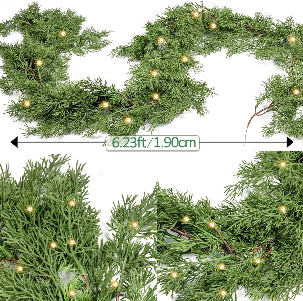 6FT Christmas Garland Cedar Garland with 9.8FT LED String Lights, Greenery Pl...