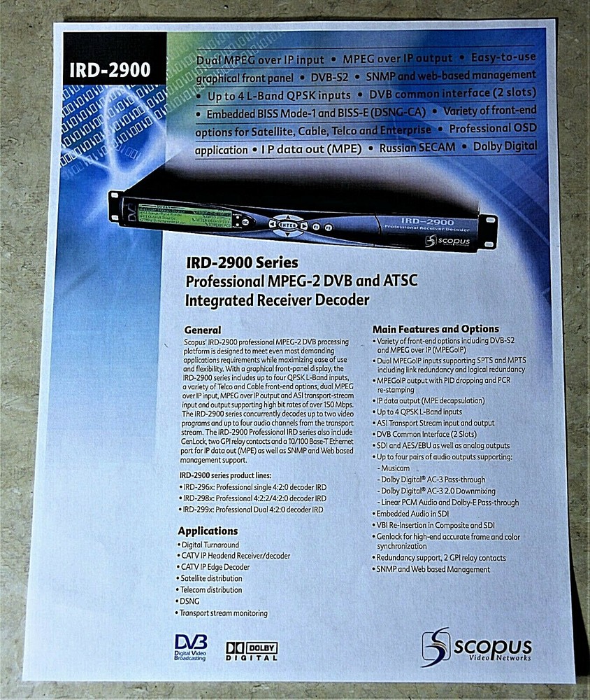 IRD-2961 Professional MPEG-2DVB & ATSC Integrated Receiver Decoder